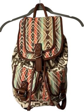 Call It Spring Aztec Canvas Backpack in Brown, Coral & Teal